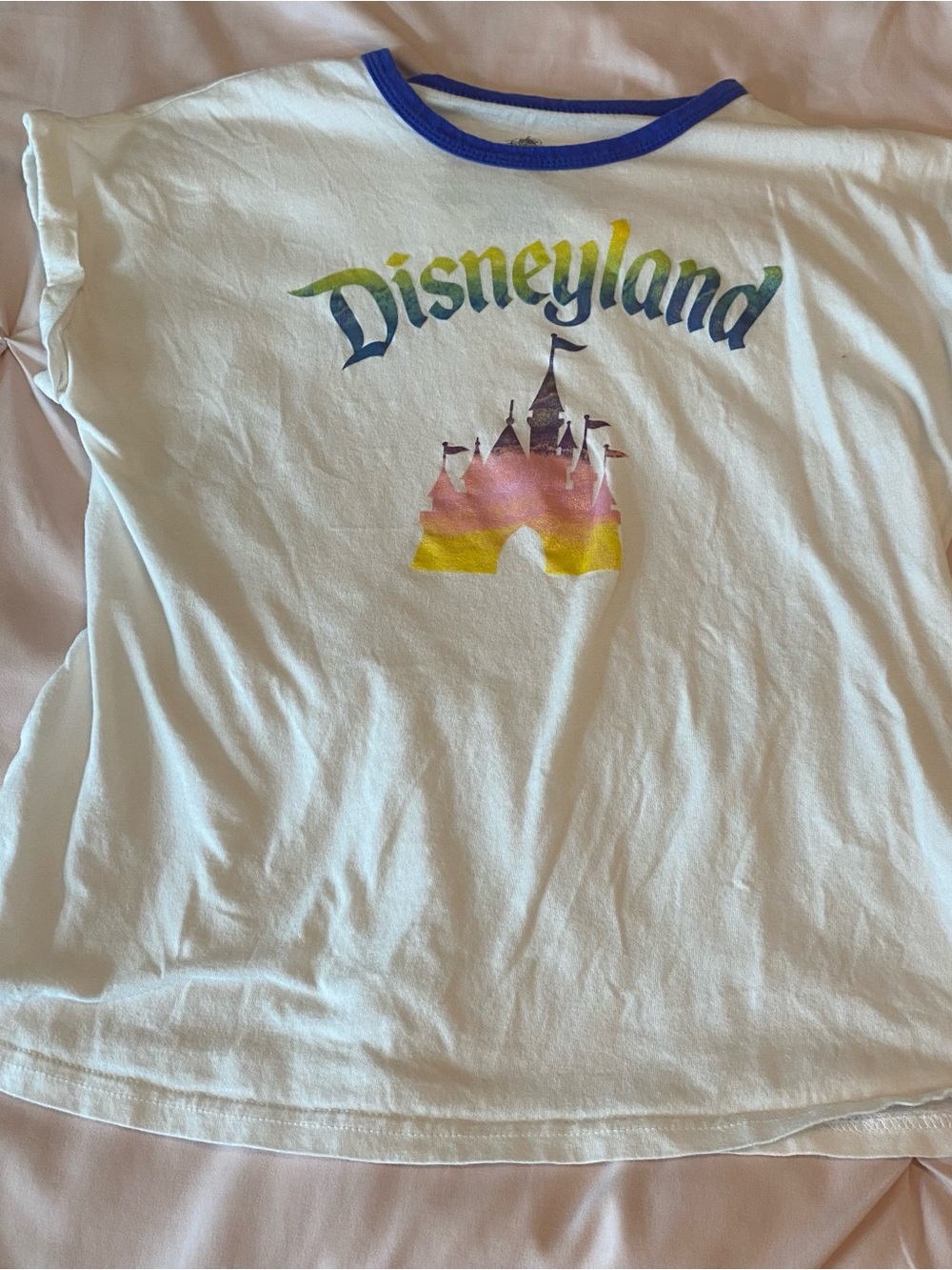 Disney women’s S White Tee with Blue Ringer and Rainbow Castle Graphic
